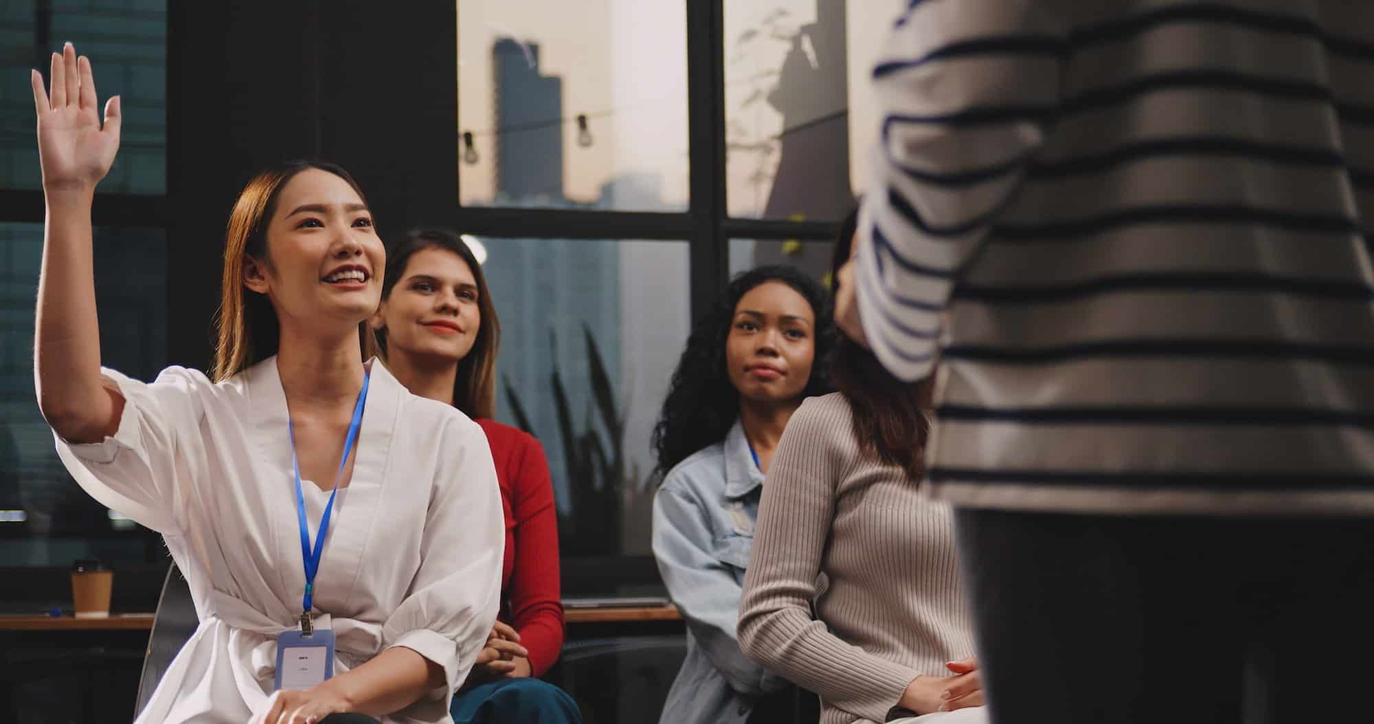 Group of businesswoman or audience of workshop or team meeting in office